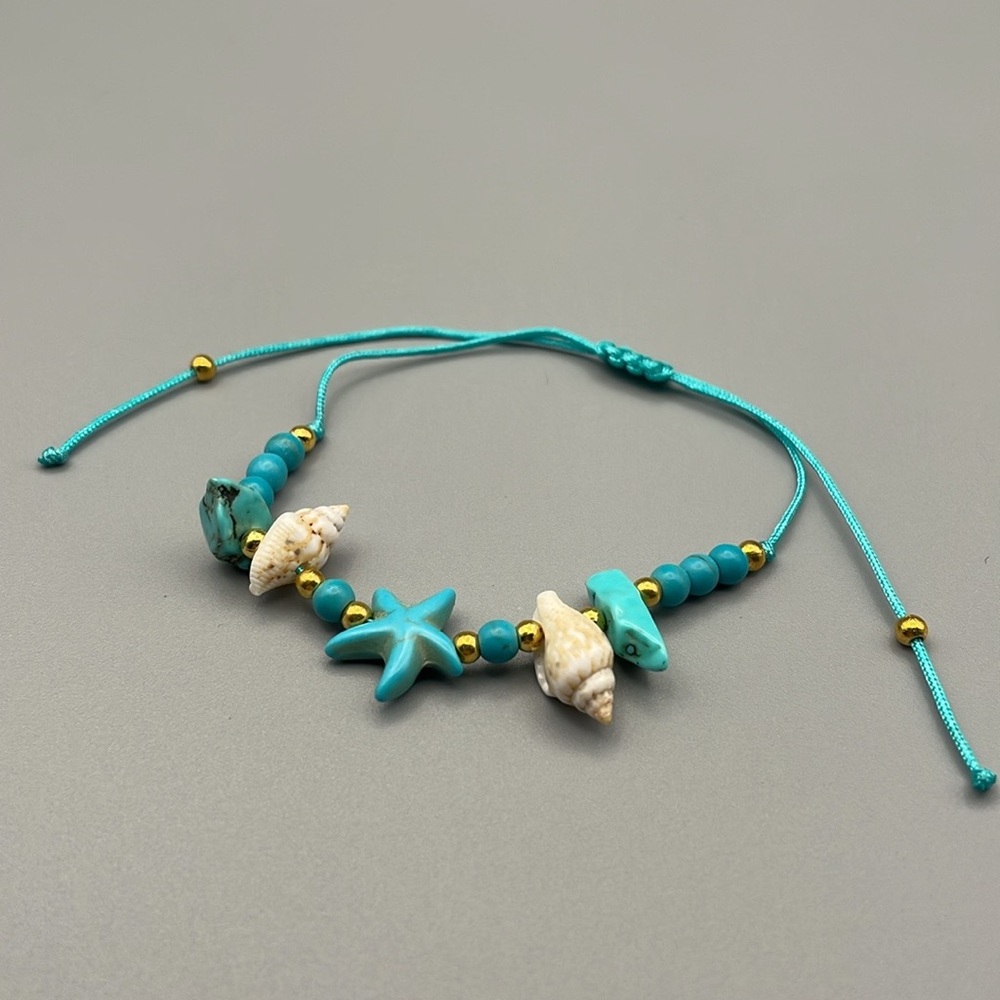 Turquoise and Gold Beaded Bracelet with Sea Shell Charms